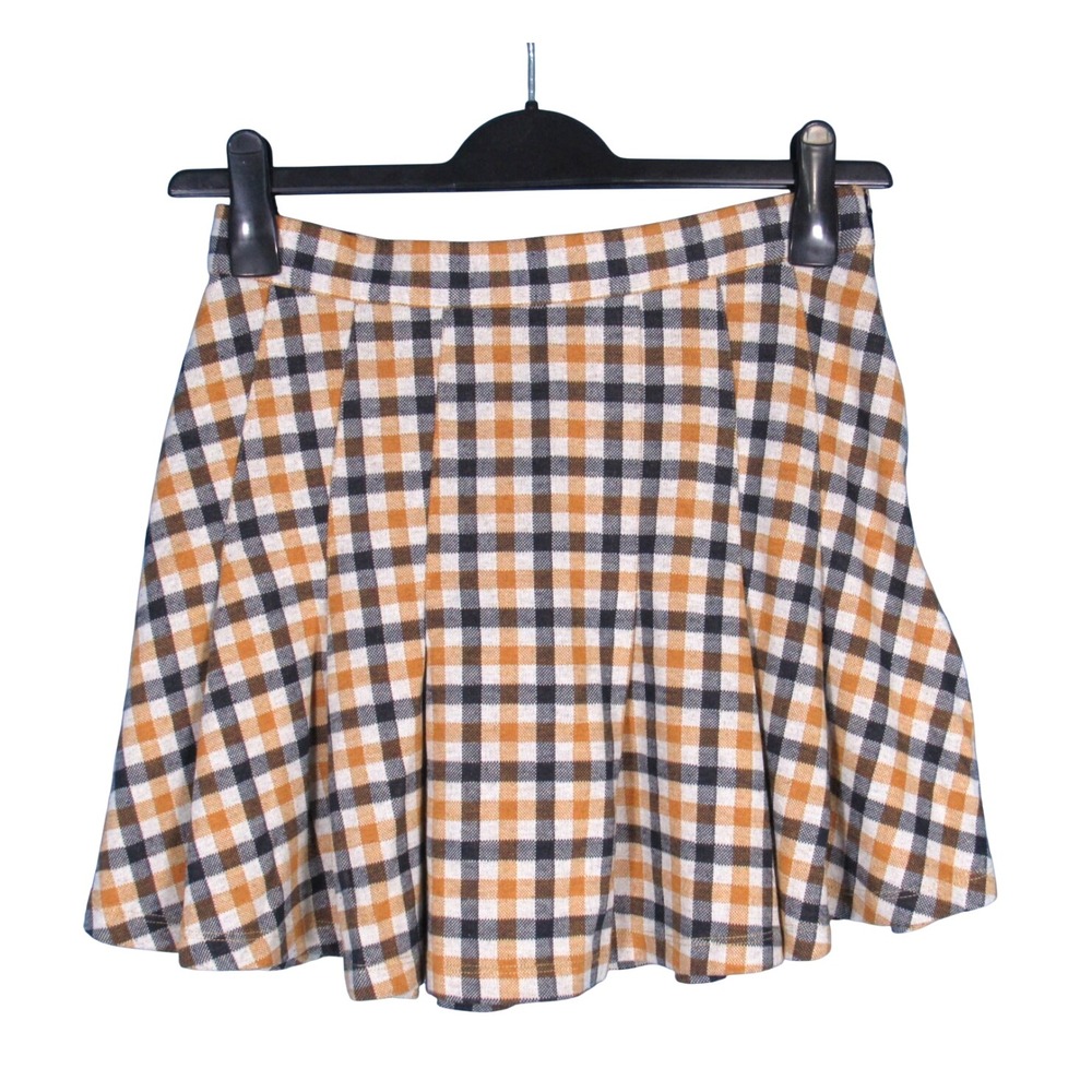 FREE PEOPLE Black/Gold PLAID Side Zipper A-LINE HONEY PLEATED MINI SKIRT Sz 8